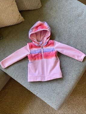 The North Face Pink Hooded Zip Jacket with Watercolor Stripe Accent